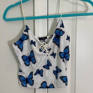 Rue21 White and Blue Tie Front Crop Camisole